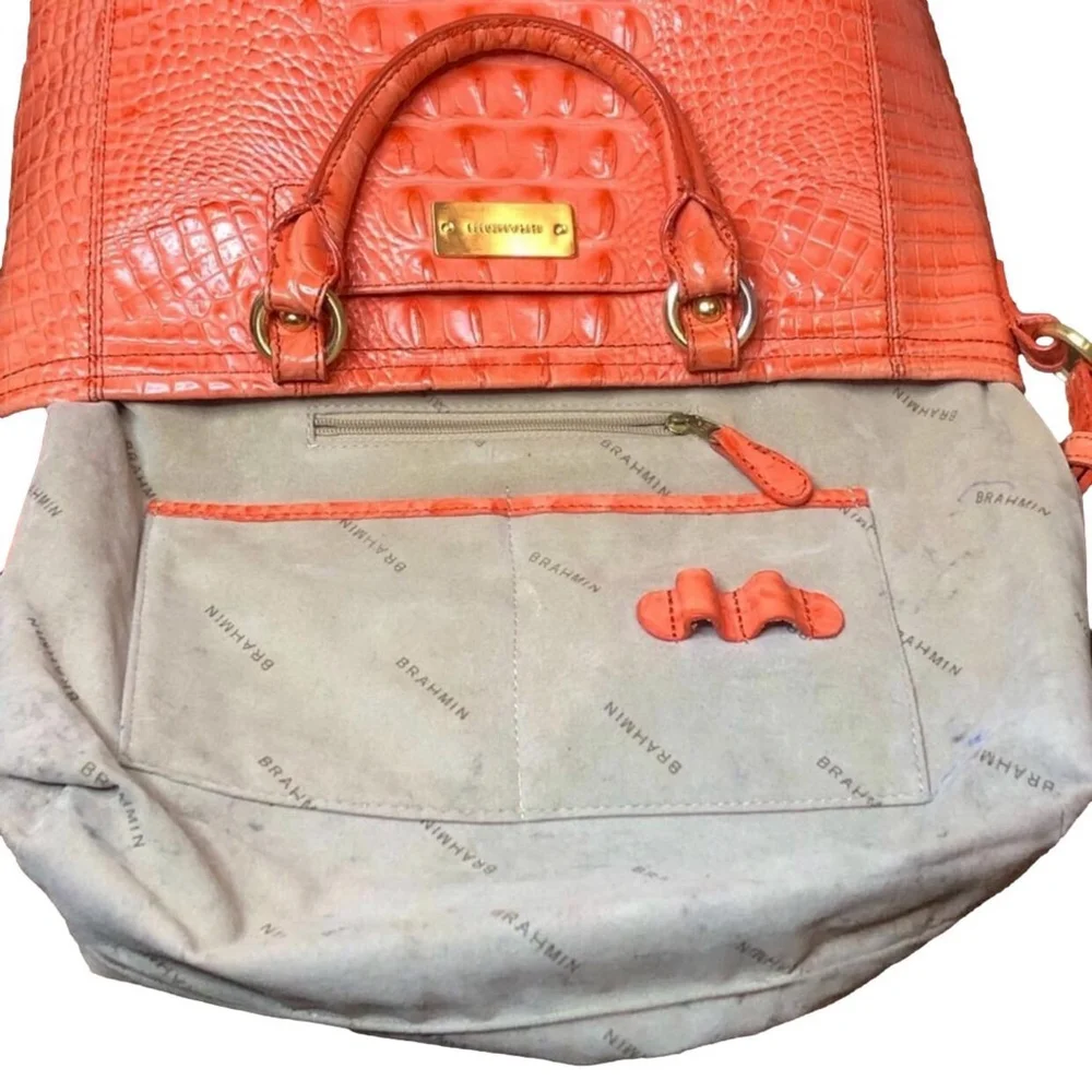 BRAHMIN Croc Embossed Leather Rolled Top Handle Tangerine Satchel Shoulder Bag